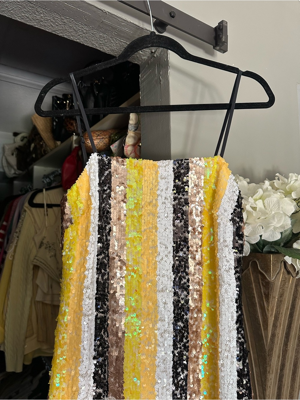 STAUD Yellow, Black, White & Brown Striped Sequin Midi Dress - Picture 2 of 4
